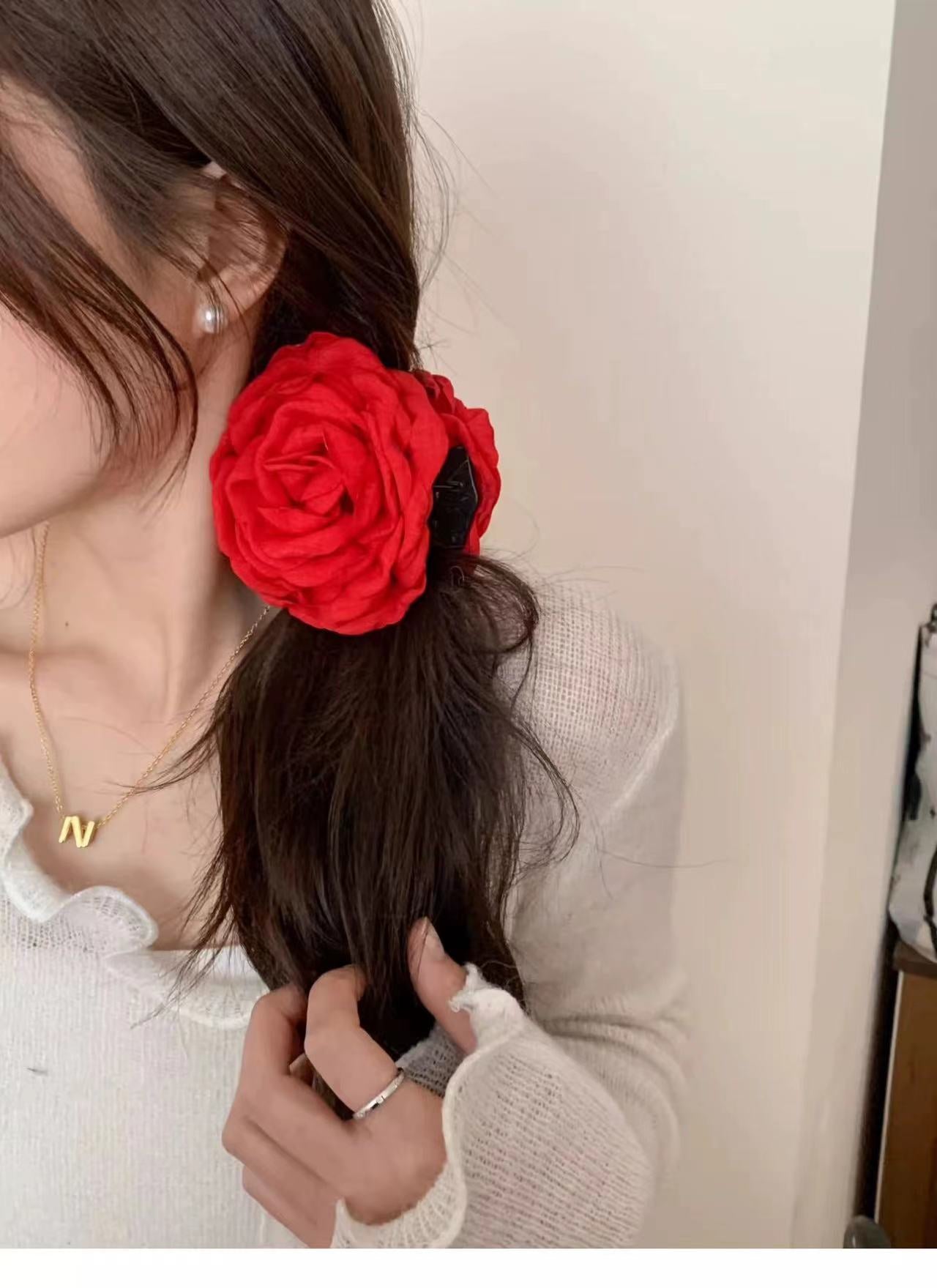 Red and Black Rose Flower Claw Clip